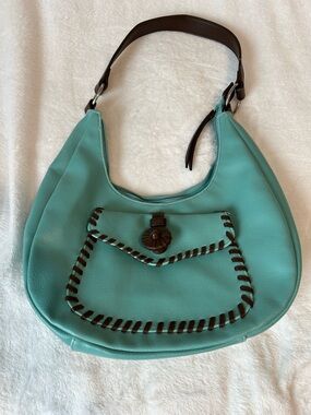 Turquoise Hobo Bag featuring distinctive dark brown whipstitch